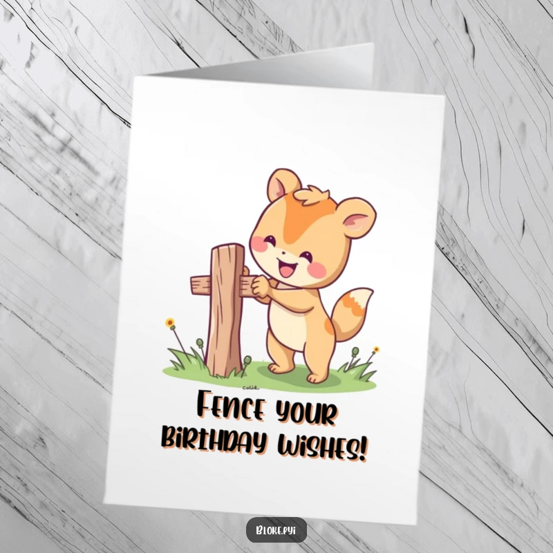 Funny Free Printable Birthday Card: Happy animal character fixing a wobbly fence post, celebrating with a smile. Downloadable fun.