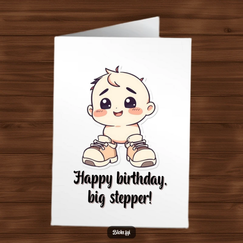 Funny Free Printable Birthday Card: A happy, squat character looks bewildered wearing comically oversized shoes.