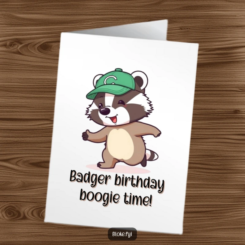Funny Free Printable Birthday Card: Jolly badger in a cap awkwardly attempting to skip.