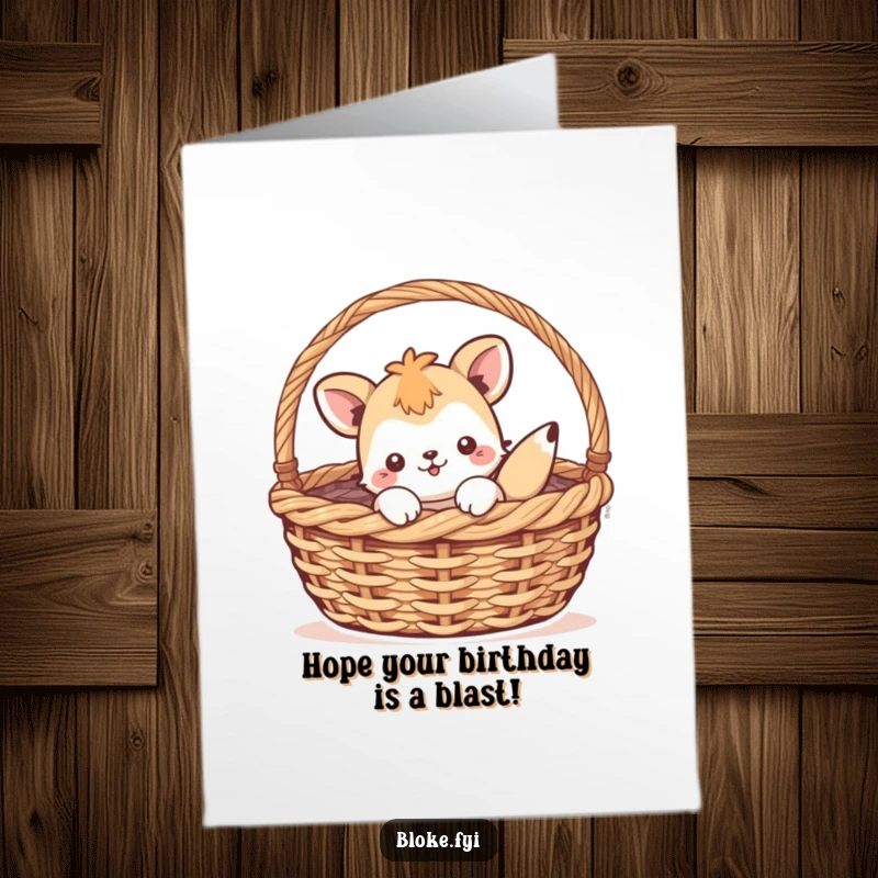 Funny Free Printable Birthday Card: Playful creature comically stuck inside a large woven basket.