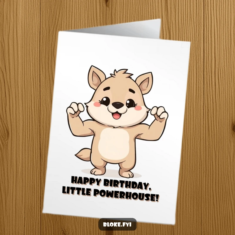 Funny Free Printable Birthday Card: A cute, stout animal flexing its tiny muscles with a cheeky, mischievous grin.