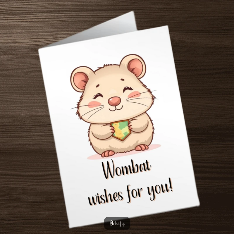 Funny free printable birthday card featuring a shy wombat with a sweet smile, holding a tiny map, ready for a birthday journey.