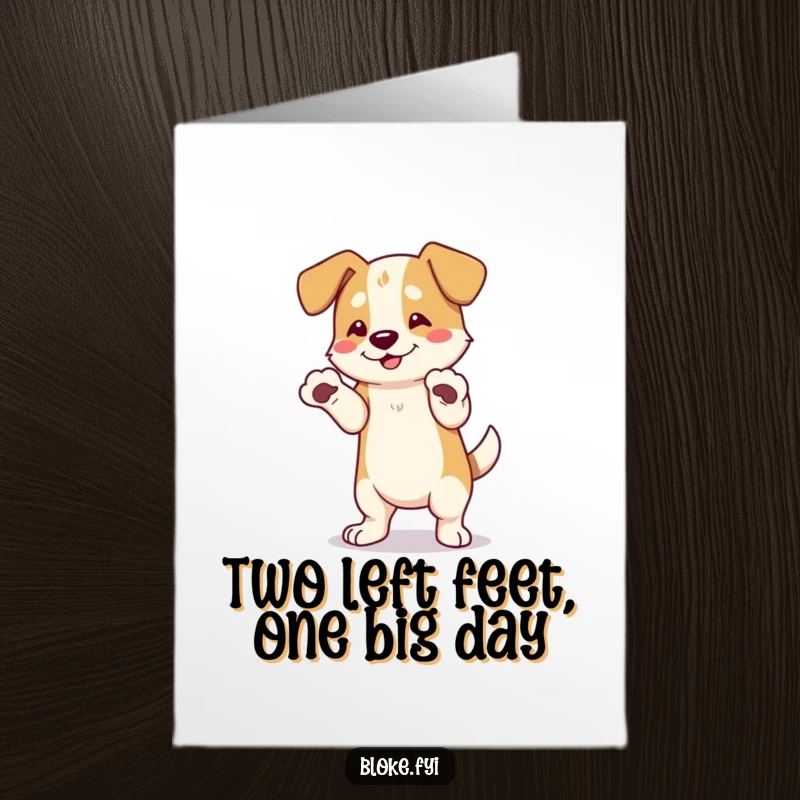 Funny Free Printable Birthday Card: A dog with huge paws attempts a comical dance, bringing instant joy.
