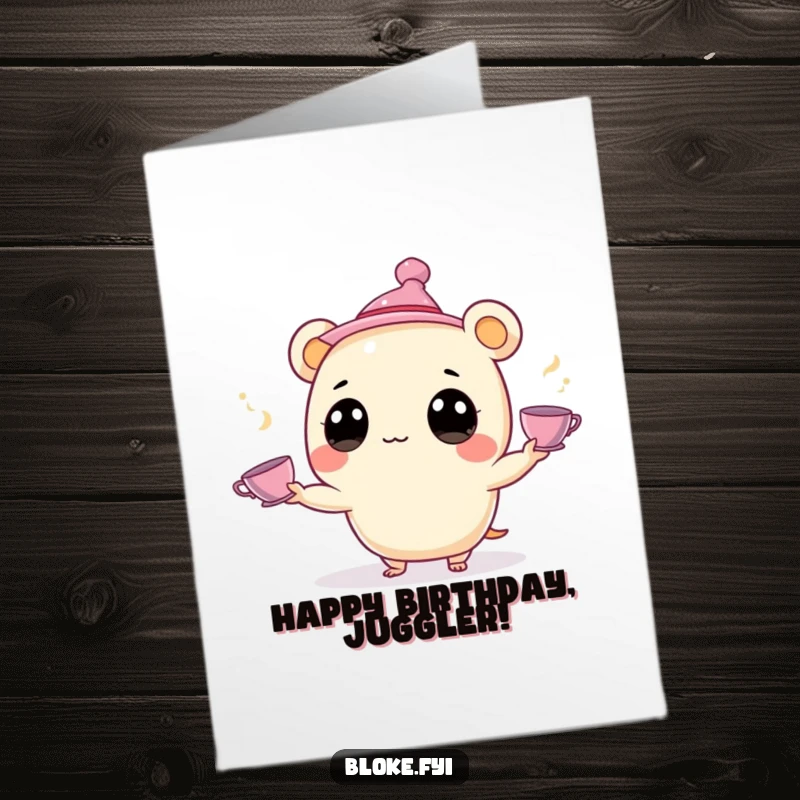 Funny Free Printable Birthday Card: A small, round creature with big eyes juggles tiny teacups while wearing a jaunty hat.