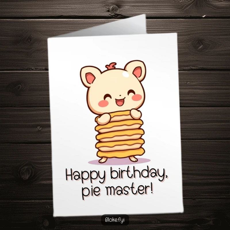 Funny Free Printable Birthday Card: A smiling, stubby figure with round ears precariously balances a tall stack of pies.