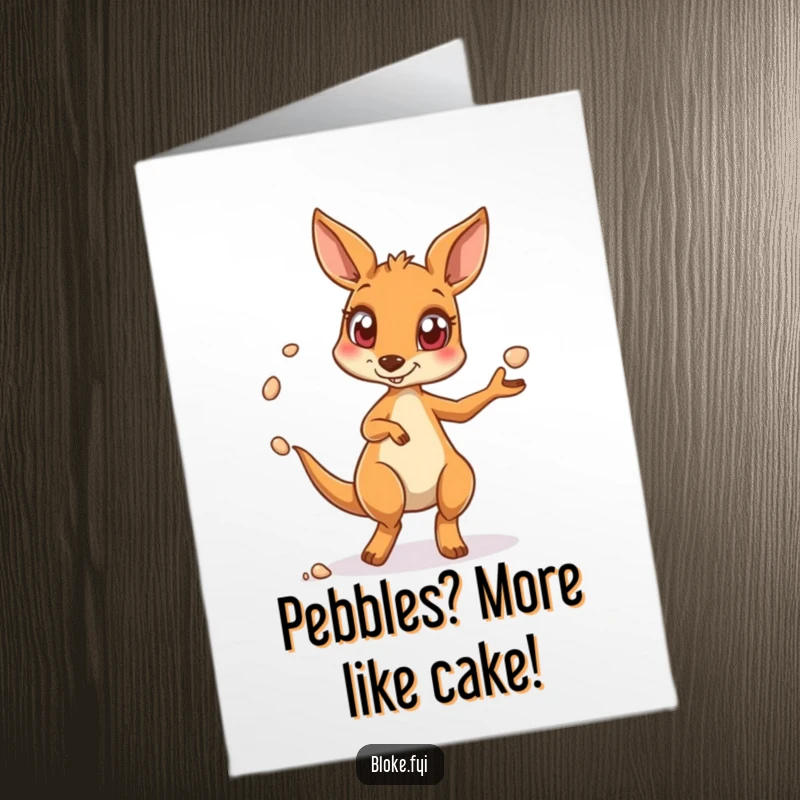Funny free printable birthday card showing a kangaroo with surprised eyes, expertly juggling tiny pebbles for a laugh.
