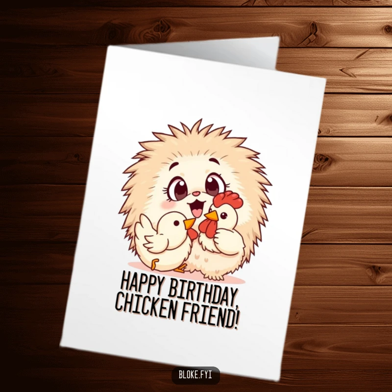 Funny Free Printable Birthday Card: A fluffy ball of fur with wide eyes excitedly plays with a bright yellow rubber chicken.