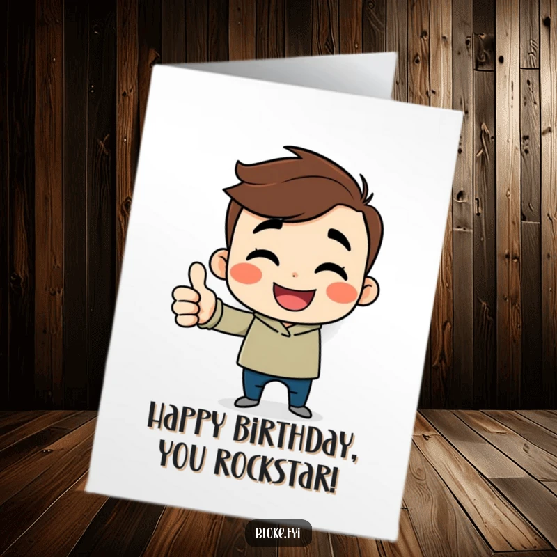 Free Printable Guy Birthday Card: Cheerful cartoon guy with a sideways smile gives a big thumbs up for a happy birthday.