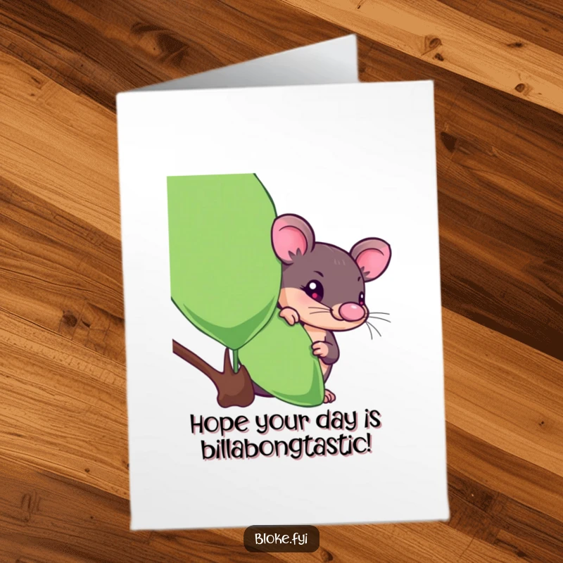 Funny free printable birthday card featuring a curious platypus with wide eyes, peeking playfully from behind a large eucalyptus leaf.