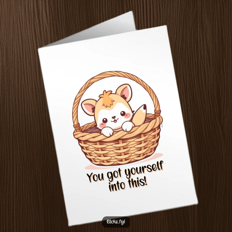 Funny Free Printable Congratulations Card: Playful animal character comically trapped in a large basket.