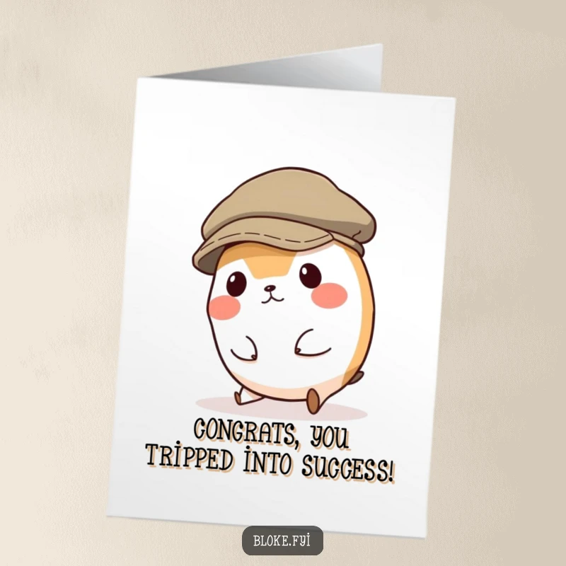 Funny Free Printable Congratulations Card: A small round animal character wearing a huge flat cap, tripping.