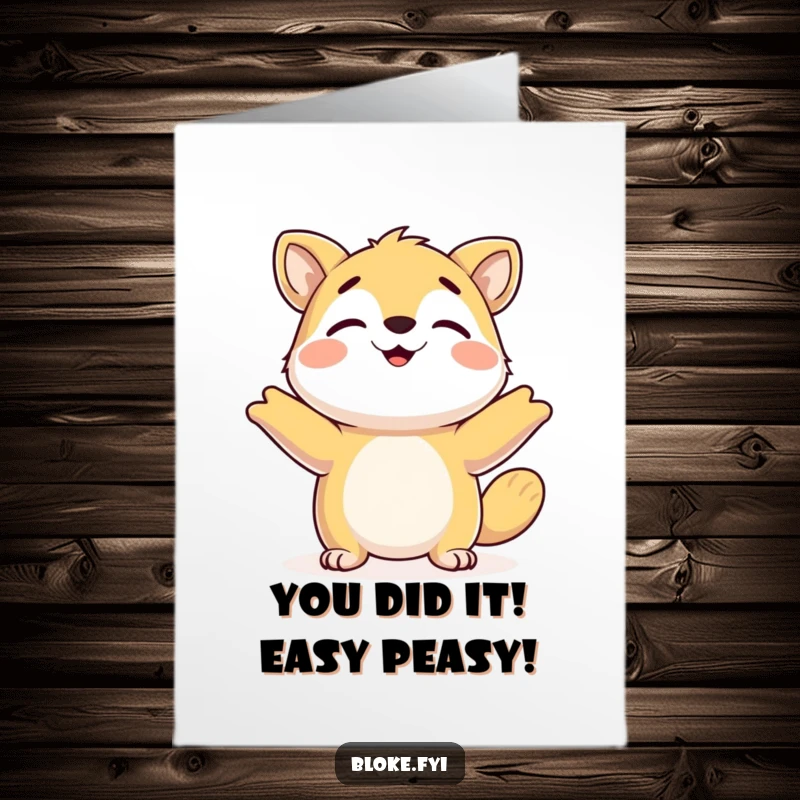 Funny Free Printable Congratulations Card: Happy animal shrugs its shoulders with a totally relaxed attitude, celebrating ease and success. Downloadable.