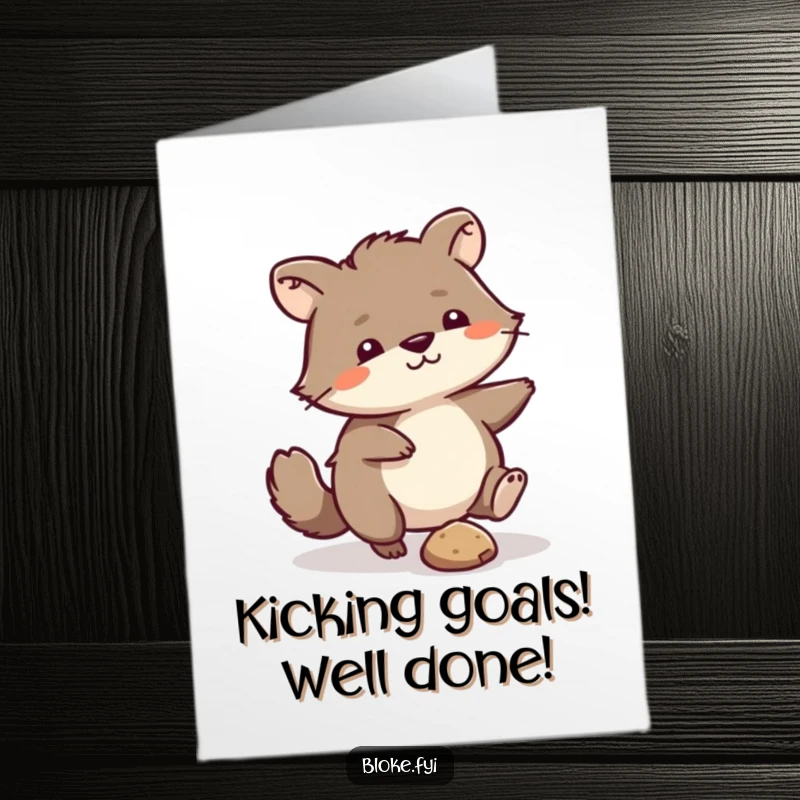 Funny Free Printable Congratulations Card: Scruffy animal artistically kicks a small pebble, conveying a relaxed yet triumphant mood.