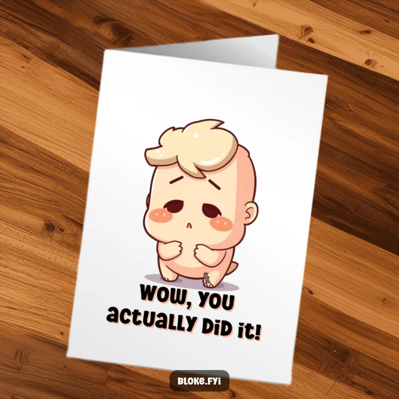 Funny Free Printable Congratulations Card: A bloke character's eyes widen in shock at a surprisingly small item.