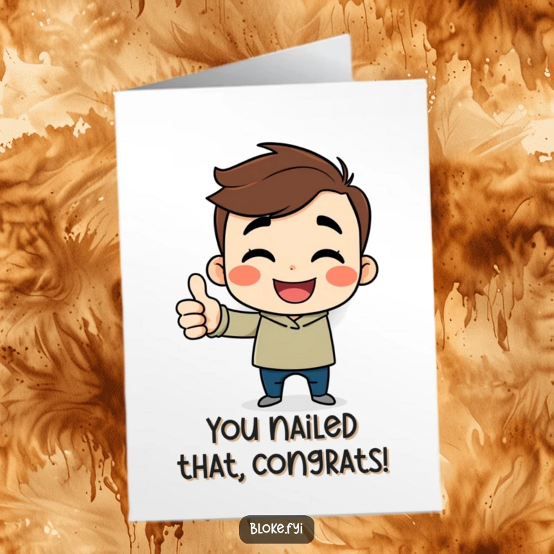 Free Printable Guy Congratulations Card: Cheerful cartoon guy with a sideways smile gives a thumbs up for great news.