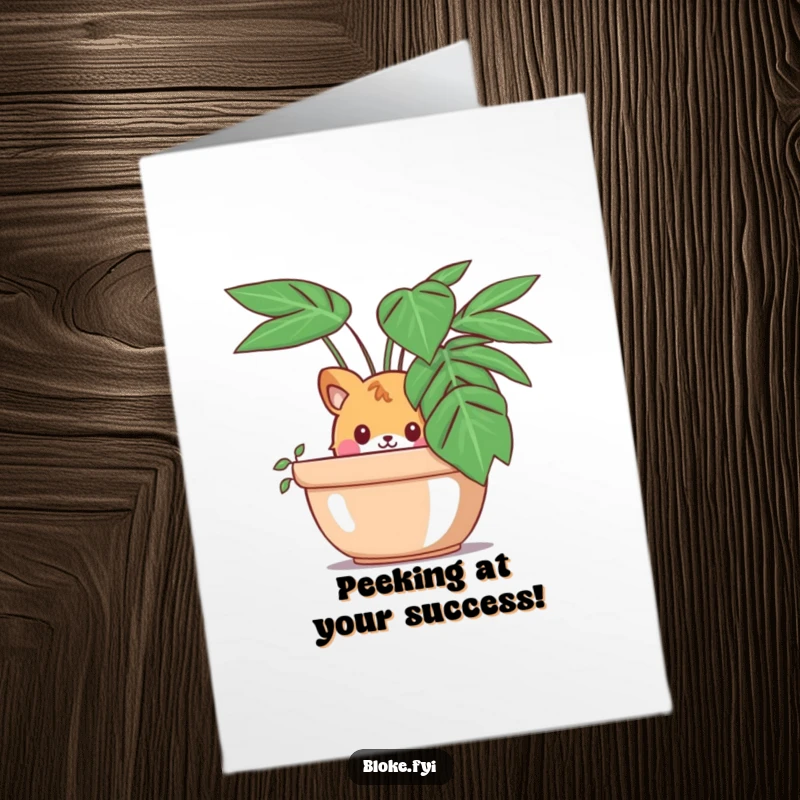 Funny Free Printable Congratulations Card: Curious animal character peeking from behind a potted plant, celebrating success. Downloadable humor.