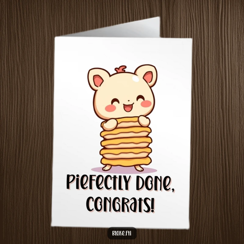 Funny Free Printable Congratulations Card: A stubby figure beams while attempting to balance a precarious stack of pies.