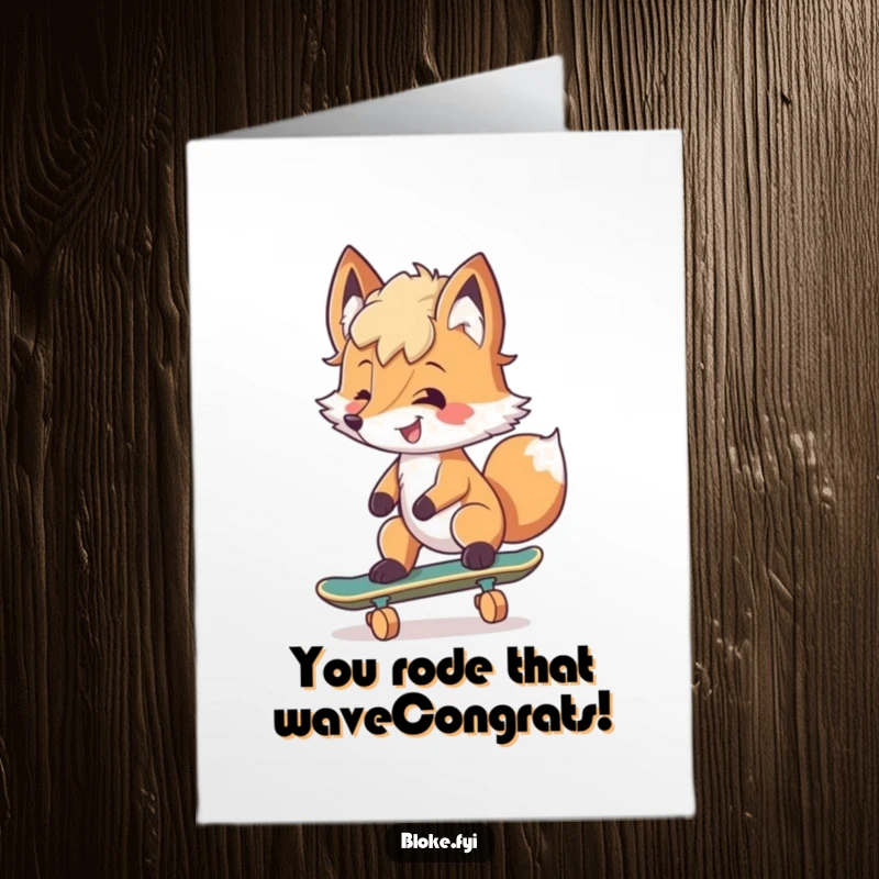 Funny Free Printable Congratulations Card: Smiling fox with tousled fur trying to ride a skateboard.
