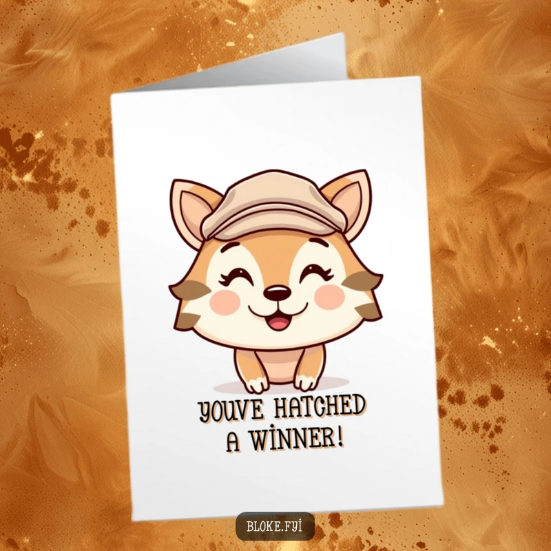 Funny Free Printable Congratulations Card: Cute animal wearing a flat cap and a cheeky grin, celebrating achievements. Downloadable humor.