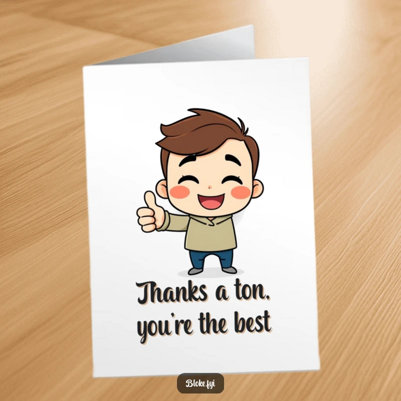 Free Printable Guy Thank You Card: Cheerful cartoon guy with a sideways smile gives a thumbs up to show gratitude.