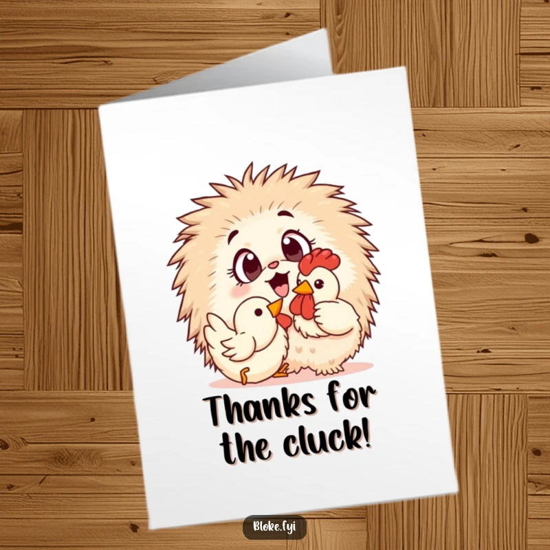 Funny Free Printable Thank You Card: A fluffy ball of fur with wide eyes happily engages with a rubber chicken.