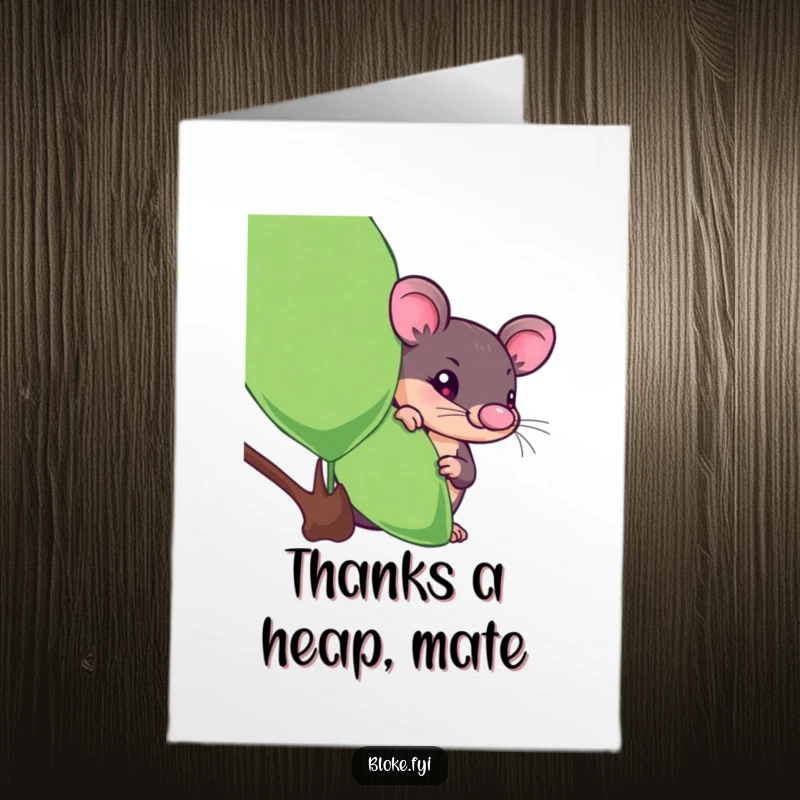 Funny free printable thank you card displaying a curious platypus peeking from behind a eucalyptus leaf, offering a shy thank you.