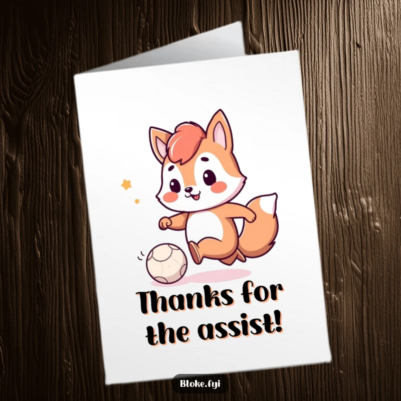 Funny Free Printable Thank You Card: Playful animal smiling while kicking a small, deflated ball. Downloadable gratitude.