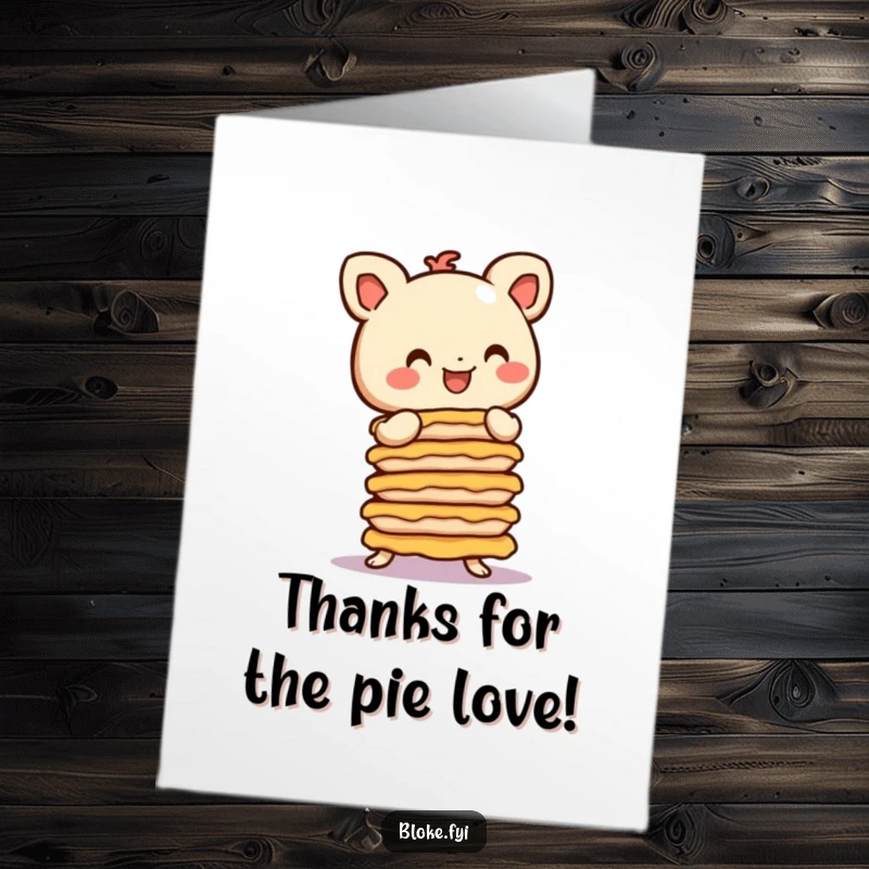 Funny Free Printable Thank You Card: A smiling, round-eared, stubby character tries to keep a stack of pies from falling.
