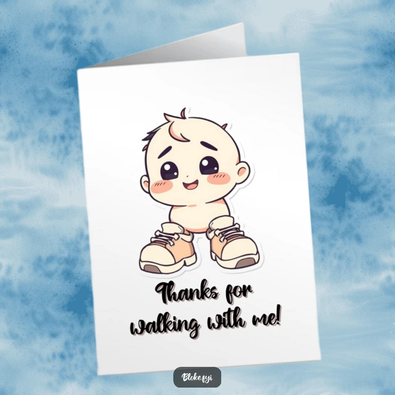 Funny Free Printable Thank You Card: A happy, squat character looks slightly bewildered wearing enormous shoes.