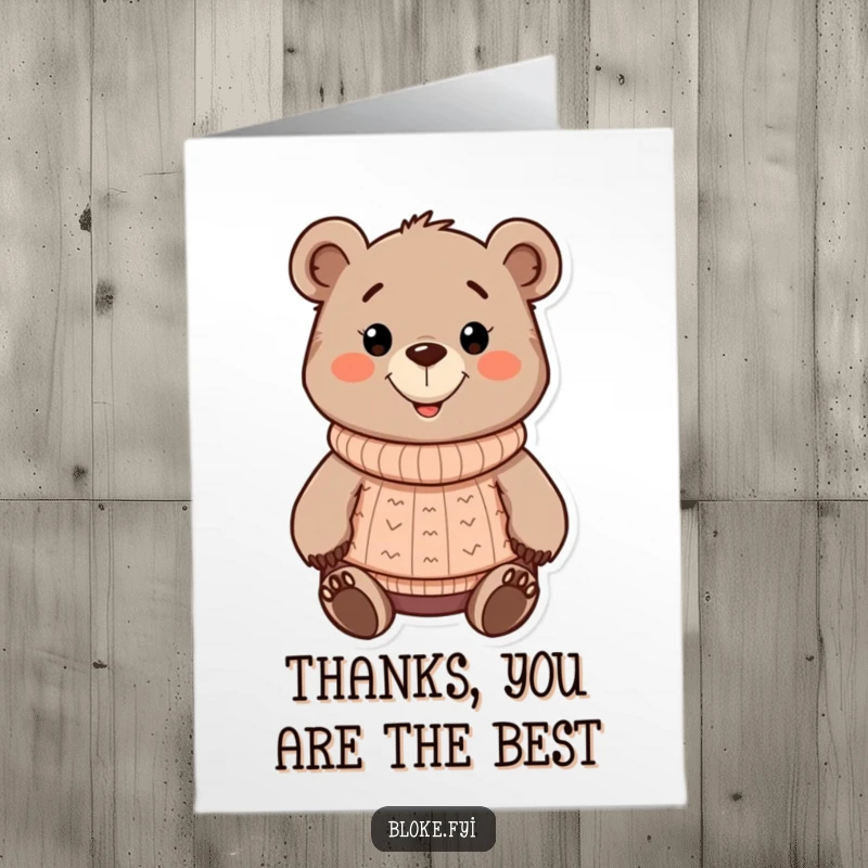 Funny Free Printable Thank You Card featuring a cartoonish bear in a cozy sweater, offering a friendly handshake and thanks.