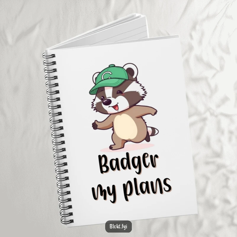 Funny Notebook featuring a jolly badger in a cap awkwardly skipping, perfect for jotting down notes and ideas.