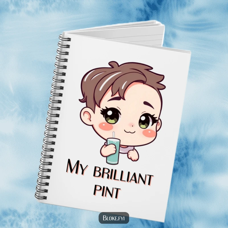 Funny notebook cover featuring a character with an amiable, unpretentious face offering a pint, ideal for jotting down friendly notes.