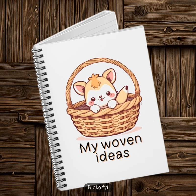Funny notebook with a playful animal character comically stuck inside a woven basket, perfect for jotting down thoughts with a smile.