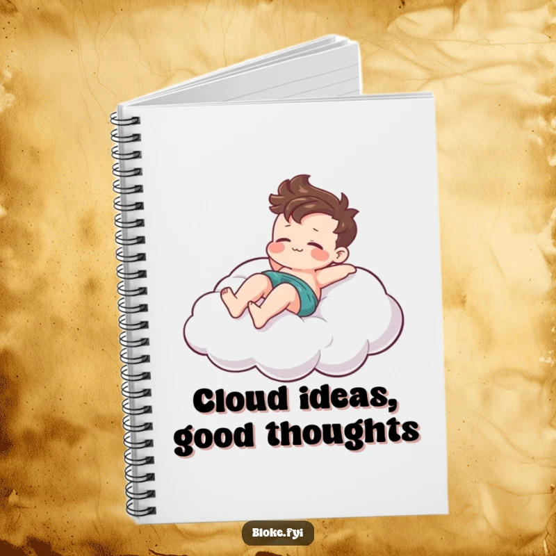 Funny notebook with a relaxed bloke character lounging on a stylized cloud, perfect for jotting down peaceful thoughts.
