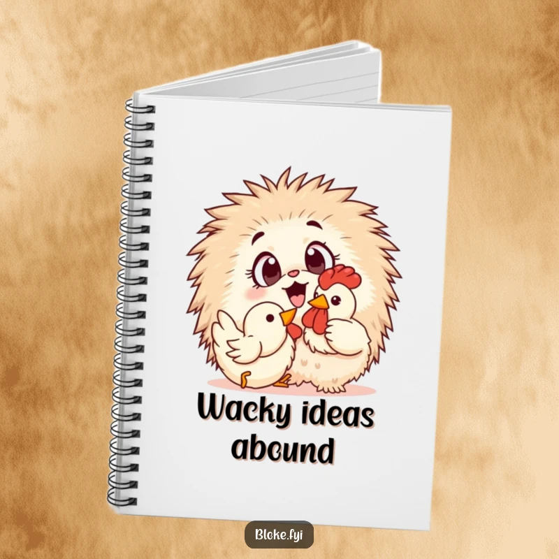 Funny Notebook: A fluffy, wide-eyed creature playing with a rubber chicken, perfect for journaling with a humorous touch.