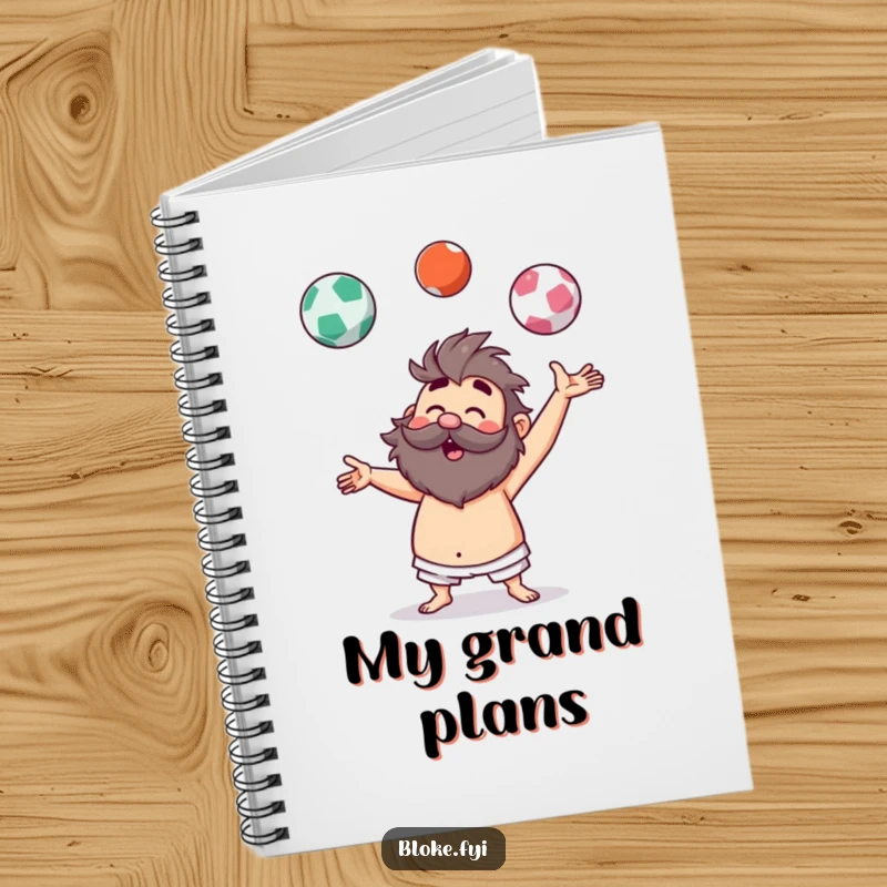 Funny notebook featuring a hairy bloke character humorously juggling imaginary balls, inspiring creative and funny thoughts.