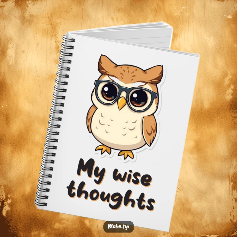 Funny small, round owl with a wise look tipping its spectacles, featured on the cover of an intellectual notebook.
