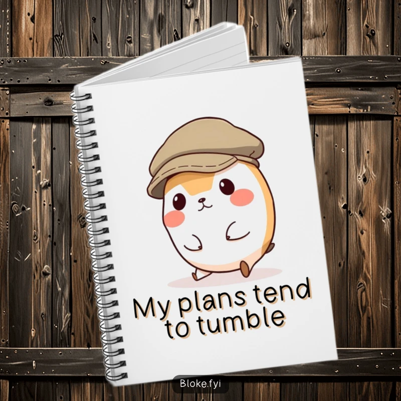 Funny notebook design with a round, clumsy animal character hilariously tripping in a ridiculously oversized flat cap, inspiring creative and humorous writing.