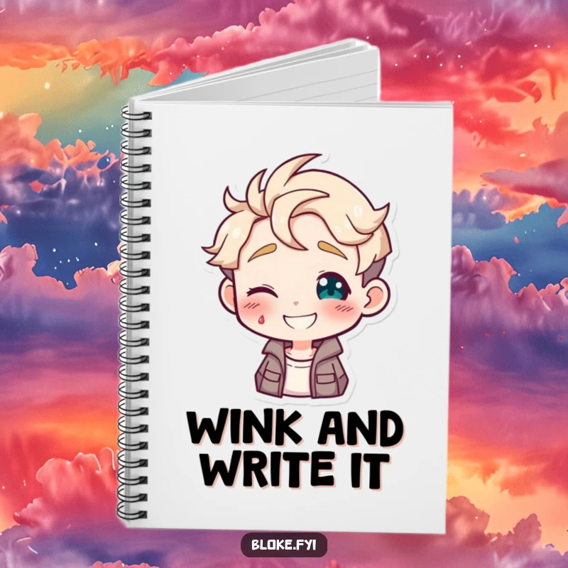 Funny notebook with a guy character giving a charming wink, perfect for jotting down playful thoughts and ideas.