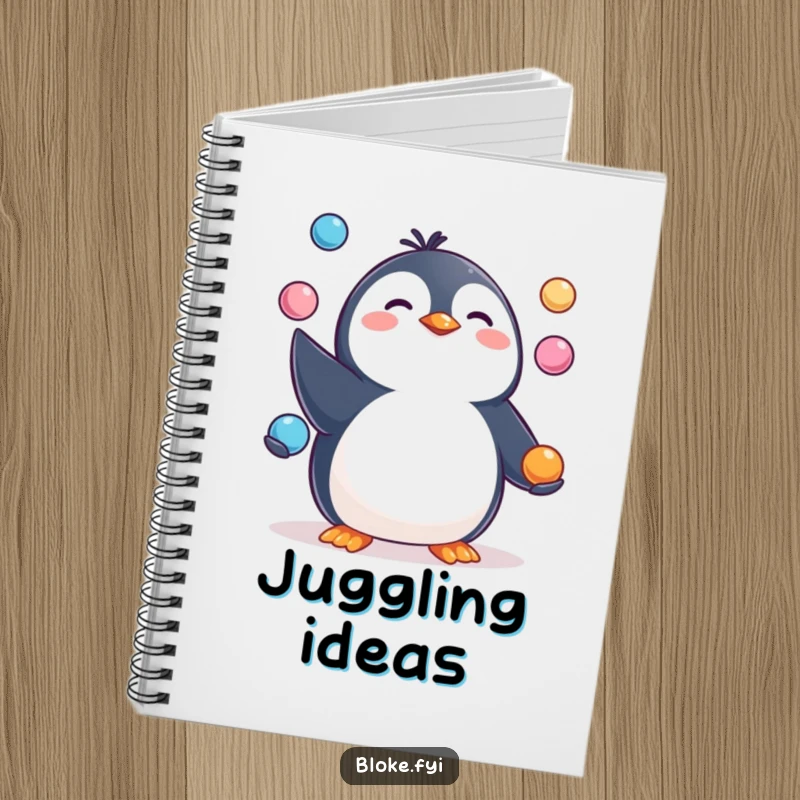 Funny Notebook featuring a happy, pudgy penguin character juggling three round objects, perfect for notes and doodles.