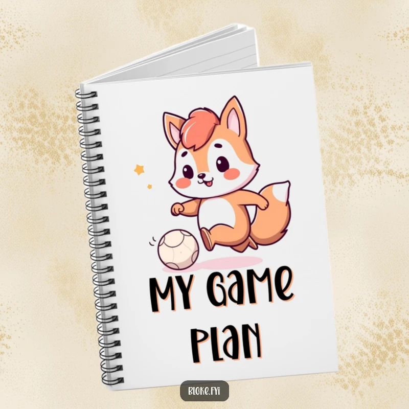 Funny notebook with a playful animal character smiling while kicking a small, deflated ball, ideal for jotting down fun ideas.