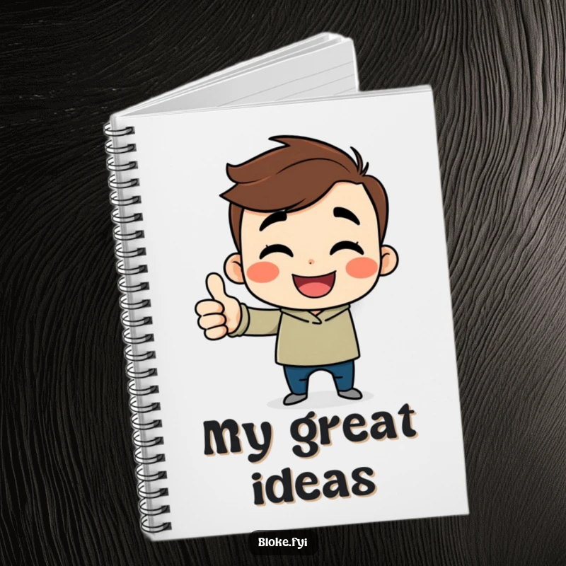 Funny cartoon guy notebook with a cheerful character, sideways smile, and a thumbs up, perfect for writing.