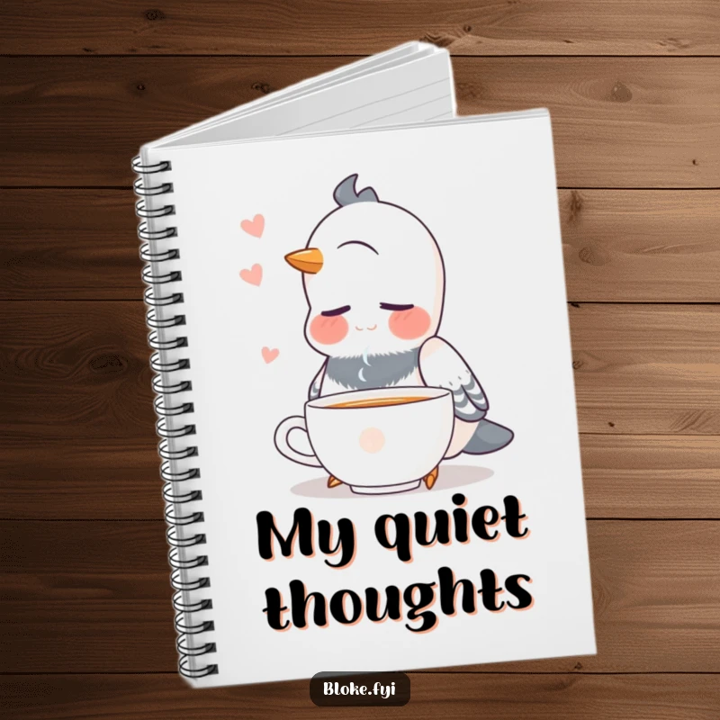 Funny pigeon with closed eyes, looking content while drinking tea, on the cover of a lined notebook.