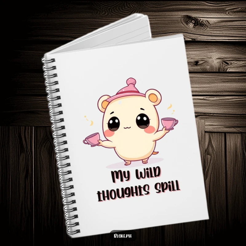 Funny Notebook: A round, big-eyed character juggles tiny teacups, perfect for capturing notes with a whimsical, funny vibe.