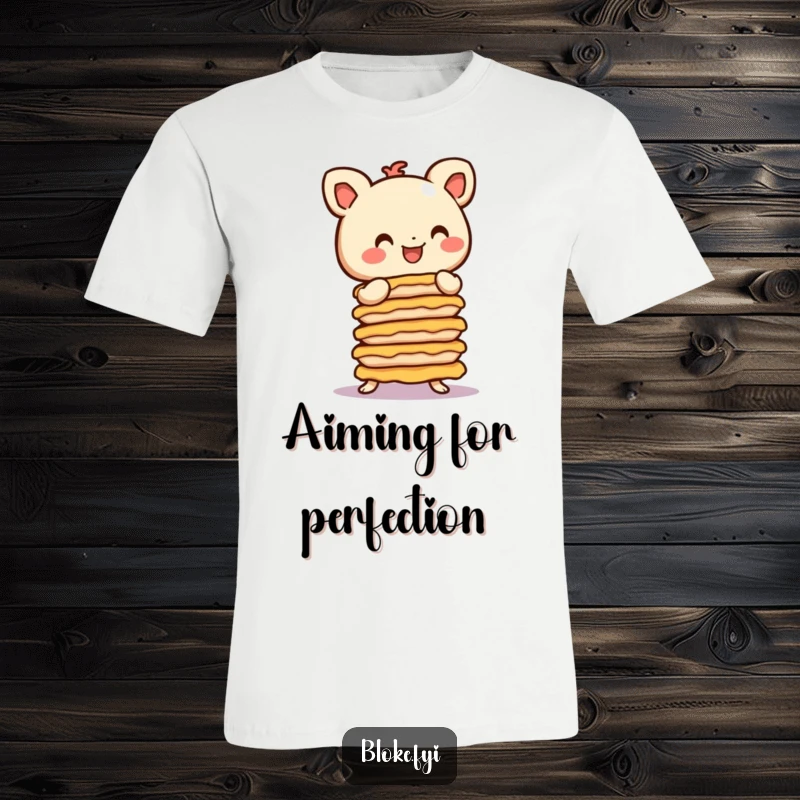 Funny T-Shirt: A stubby, round-eared character attempts to balance a precarious stack of pies, looking happy.