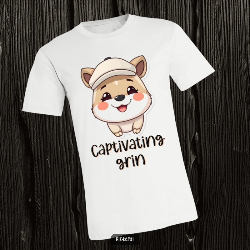 Funny t-shirt depicting a cute animal sporting a fashionable flat cap and a wide, infectious grin, radiating happiness.