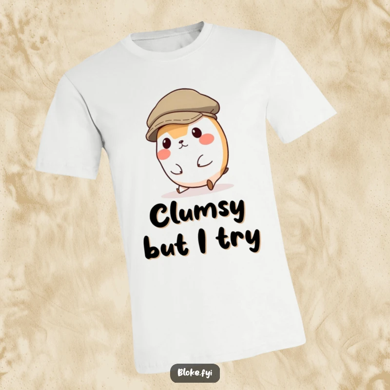 Funny t-shirt featuring a round, clumsy animal character hilariously tripping in a ridiculously oversized flat cap, a picture of awkward charm.
