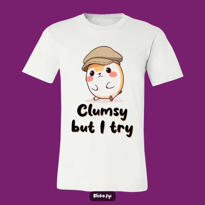 Wear your sense of humor with this funny t-shirt depicting a clumsy animal character tripping in an oversized flat cap. Perfect for laugh-out-loud moments.