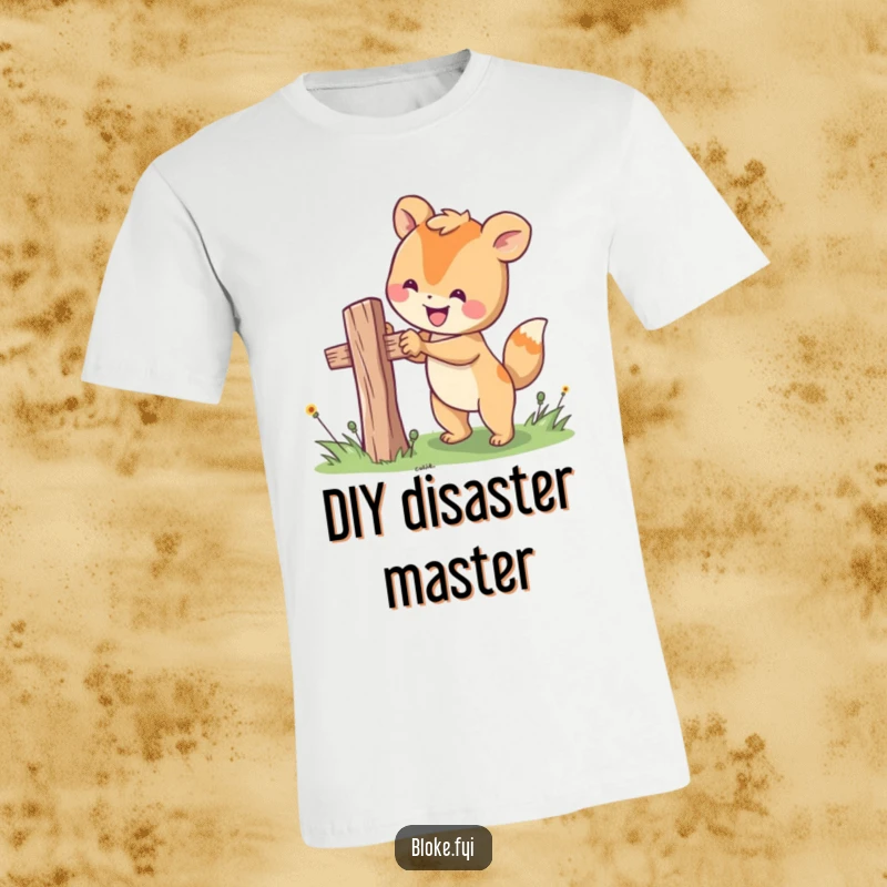 Funny t-shirt featuring a happy animal character focused on fixing a wobbly fence post, exuding a can-do attitude.