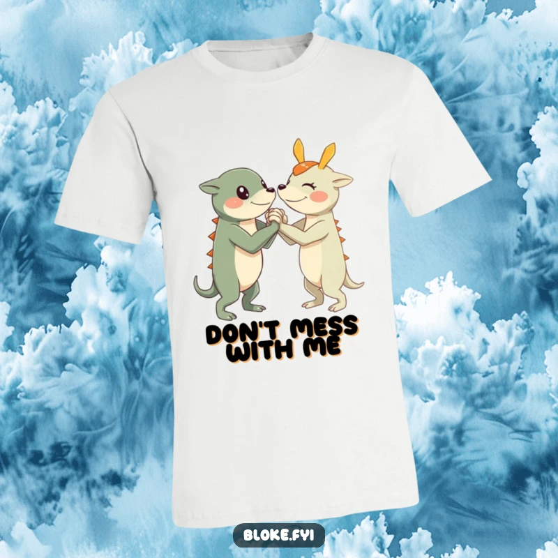 Funny Arm Wrestle Creature T-Shirt depicting a character with short, sturdy limbs in a friendly arm wrestling bout.